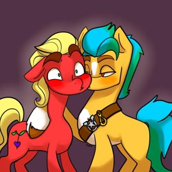 Size: 1080x1080 | Tagged: dead source, safe, artist:mia_makes_magic, hitch trailblazer, sprout cloverleaf, earth pony, pony, g5, my little pony: a new generation, arm around back, blushing, cheek kiss, duo, gay, hitchsprout, kissing, male, maledom, malesub, sash, shipping, stallion, stallion on stallion, submissive