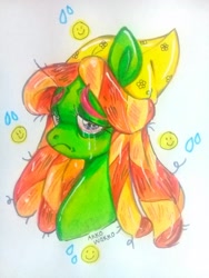 Size: 2448x3264 | Tagged: safe, artist:damon_ekel, tree hugger, earth pony, pony, g4, bandana, crying, female, frown, high res, lidded eyes, looking at you, mare, sad, simple background, solo, traditional art, white background