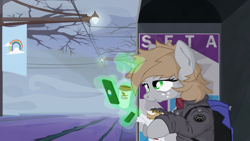 Size: 4000x2250 | Tagged: safe, artist:aaronmk, oc, oc:littlepip, fallout equestria, alternate universe of an alternate universe, backpack, cable car, cellphone, clothes, cloudsdale flag, coffee, cup, eating, female, fog, food, freckles, hoagie, levitation, magic, magic glow, mare, morning, phone, sandwich, scarf, smartphone, streetlight, telekinesis, tired, tree, vape pen, vector, wawa