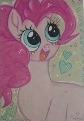 Size: 540x782 | Tagged: safe, artist:damon_ekel, pinkie pie, earth pony, pony, g4, female, heart, mare, open mouth, open smile, smiling, solo, sparkles, traditional art