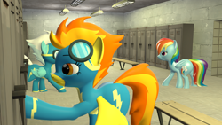 Size: 2000x1125 | Tagged: safe, artist:acid flask, fleetfoot, rainbow dash, spitfire, pegasus, pony, g4, 3d, butt, clothes, female, happy, implied tail hole, implied wing hole, large butt, locker room, mare, plot, revamped ponies, smiling, source filmmaker, uniform, walking, wet, wet mane, wings, wonderbolts, wonderbolts uniform