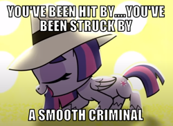 Size: 614x450 | Tagged: safe, edit, edited screencap, editor:twi clown, screencap, twilight sparkle, alicorn, pony, g4.5, my little pony: pony life, sportacular spectacular musical musak-ular, caption, eyes closed, female, hat, image macro, mare, michael jackson, open mouth, smooth criminal, solo, song reference, text, twilight sparkle (alicorn), we shine brighter together