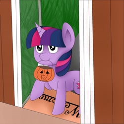 Size: 1600x1600 | Tagged: artist needed, safe, twilight sparkle, pony, unicorn, g4, cute, female, halloween, holiday, mouth hold, pumpkin bucket, solo, trick or treat