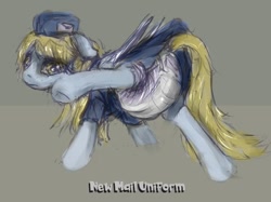 Size: 800x597 | Tagged: safe, artist:auntiefrost, derpy hooves, pegasus, pony, g4, clothes, colored sketch, diaper, diaper fetish, female, fetish, hat, mailmare, mailpony, non-baby in diaper, poofy diaper, simple background, skirt, solo