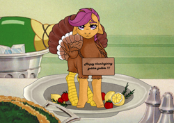 Size: 3508x2480 | Tagged: safe, artist:elberas, scootaloo, pegasus, pony, g4, cute, cutealoo, female, high res, holiday, plate, platter, scootachicken, scootaloo is not amused, scootaturkey, sign, solo, table, thanksgiving, turkey costume, unamused