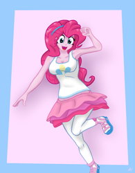 Size: 2975x3812 | Tagged: safe, artist:lennondash, pinkie pie, equestria girls, g4, breasts, busty pinkie pie, cleavage, clothes, cute, cutie mark, cutie mark on clothes, diapinkes, female, hairband, high res, looking at you, open mouth, rah rah skirt, shoes, simple background, skirt, smiling, solo, tank top