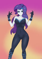 Size: 1280x1812 | Tagged: safe, artist:lennondash, rarity, equestria girls, equestria girls series, g4, the other side, bare shoulders, breasts, busty rarity, cleavage, clothes, female, gloves, hairpin, lidded eyes, looking at you, sexy, simple background, sleeveless, smiling, solo, strapless, stupid sexy rarity, unitard