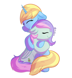 Size: 2000x2184 | Tagged: safe, artist:exobass, oc, oc only, oc:blissy, oc:skydreams, pony, unicorn, commission, disguise, disguised changeling, female, high res, hug, mare, simple background, transparent background, ych result