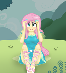 Size: 2975x3268 | Tagged: safe, artist:lennondash, fluttershy, human, equestria girls, filli vanilli, g4, my little pony equestria girls: better together, blushing, breasts, busty fluttershy, butterfly hairpin, clothes, cloud, cute, dress, embarrassed, equestria girls interpretation, female, flower, flower in hair, grass, hairpin, hands on head, high res, legs, looking at you, sad, sadorable, scene interpretation, shyabetes, sitting, solo