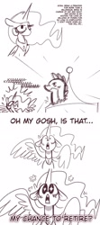 Size: 1280x2880 | Tagged: safe, artist:opossum-stuff, princess celestia, spike, alicorn, dragon, pony, g4, bags under eyes, comic, faic, female, mare, monochrome, peytral, scared, screaming, spread wings, starry eyes, wingding eyes, wings