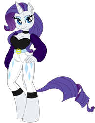 Size: 2048x2644 | Tagged: safe, artist:fotia-kouneli, rarity, unicorn, anthro, unguligrade anthro, g4, belt, belt buckle, breasts, choker, cleavage, clothes, female, hand on hip, high res, pants, simple background, solo, transparent background