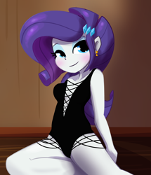 Size: 3300x3840 | Tagged: safe, artist:tjpones, rarity, equestria girls, g4, absolute cleavage, bedroom eyes, blushing, breasts, busty rarity, cleavage, clothes, ear piercing, earring, female, high res, jewelry, looking at you, one-piece swimsuit, piercing, smiling, solo, swimsuit