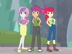 Size: 1920x1440 | Tagged: safe, artist:neongothic, apple bloom, scootaloo, sweetie belle, equestria girls, g4, clothes, converse, cutie mark crusaders, female, jeans, nike, older, older apple bloom, older cmc, older scootaloo, older sweetie belle, pants, ripped jeans, ripped pants, shoes, skirt, sleeveless, smiling, sneakers, tank top, torn clothes