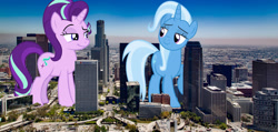 Size: 2200x1050 | Tagged: safe, artist:andoanimalia, artist:reginault, artist:theotterpony, starlight glimmer, trixie, pony, unicorn, g4, california, female, giant pony, giantess, highrise ponies, irl, los angeles, macro, mare, photo, ponies in real life, story included