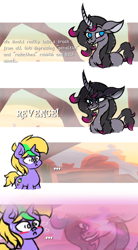 Size: 1650x3000 | Tagged: safe, artist:iceflower99, oleander (tfh), oc, oc:buggy brush, classical unicorn, pony, unicorn, them's fightin' herds, blushing, cloven hooves, comic, community related, crush, horn, leonine tail, unshorn fetlocks