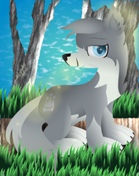 Size: 1463x1854 | Tagged: safe, artist:php178, derpibooru exclusive, oc, oc only, oc:flow, earth pony, hybrid, pony, wolf, wolf pony, .svg available, bark, chest fluff, claws, colored eyebrows, colored pupils, crown, cute, cutie mark, ear fluff, eyebrows, forest, forest background, fur, gift art, grass, grass field, jewelry, lens flare, lineless, looking at you, male, nc-tv signature, neck fluff, pale belly, paws, regalia, signature, sitting, smiling, smiling at you, solo, sunlight, sunshine, svg, tail, tail fluff, tree, two toned coat, vector