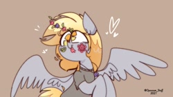 Size: 1920x1080 | Tagged: safe, artist:opossum-stuff, derpy hooves, pegasus, pony, g4, :p, clothes, cute, derpabetes, female, floral head wreath, flower, heart, jewelry, mare, necklace, shirt, simple background, smiling, solo, spread wings, t-shirt, tongue out, wings