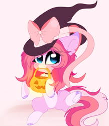 Size: 3108x3580 | Tagged: safe, alternate character, alternate version, artist:2pandita, oc, oc only, earth pony, pony, chibi, female, hat, high res, mare, pink background, pumpkin bucket, simple background, solo, witch hat