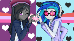 Size: 1920x1080 | Tagged: safe, artist:ratachu666, dj pon-3, octavia melody, vinyl scratch, equestria girls, g4, 3d, clothes, duo, duo female, female, hat, headphones, heart hands, hoodie, koikatsu, looking at you, one eye closed, smiling, smiling at you, sunglasses, wink, winking at you