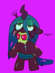 Size: 932x1225 | Tagged: safe, artist:opossum-stuff, alien, clothes, costume, disguise, emanata, implied queen chrysalis, invader zim, male, needs more saturation, purple background, simple background, solo, zim