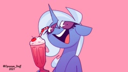 Size: 1920x1080 | Tagged: safe, artist:opossum-stuff, trixie, pony, unicorn, g4, bendy straw, drinking straw, female, floppy ears, food, looking at you, mare, milkshake, open mouth, open smile, pink background, simple background, smiling, solo, strawberry