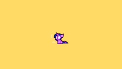 Size: 1920x1080 | Tagged: safe, artist:opossum-stuff, twilight sparkle, alicorn, pony, g4, chibi, floppy ears, simple background, sitting, solo, sweat, twilight sparkle (alicorn), yellow background