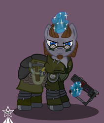 Size: 4245x5021 | Tagged: safe, artist:devorierdeos, oc, oc only, pony, unicorn, fallout equestria, absurd resolution, beard, blue eyes, facial hair, glowing, glowing horn, hammer, horn, laser pistol, looking at you, magic, magic aura, male, purple background, scribe, scribe robe, sideburns, simple background, solo, stallion, steel ranger, telekinesis, unicorn oc