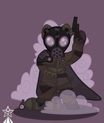 Size: 4245x5021 | Tagged: safe, artist:devorierdeos, oc, oc only, earth pony, pony, fallout equestria, earth pony oc, gas attack, gas cylinder, gas mask, mask, pink cloud, pink cloud (fo:e), ppe, raincoat, scribe, scribe robe, signal pistol, simple background, solo, steel ranger, war crime