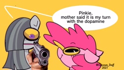 Size: 1920x1080 | Tagged: safe, artist:opossum-stuff, marble pie, pinkie pie, earth pony, pony, g4, context is for the weak, dialogue, faic, female, floppy ears, gun, handgun, mare, pistol, simple background, smiling, solo, speech bubble, wat