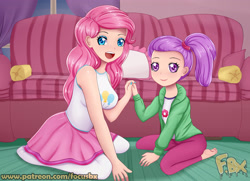 Size: 3425x2480 | Tagged: safe, artist:focusb, lily pad (g4), pinkie pie, equestria girls, g4, my little pony equestria girls: better together, pinkie sitting, barefoot, breasts, busty pinkie pie, clothes, cute, diapinkes, duo, duo female, eyebrows, eyebrows visible through hair, feet, female, happy, high res, holding hands, house, human coloration, indoors, jacket, kneeling, looking at you, open mouth, open smile, pants, patreon, shirt, skirt, smiling, smiling at you