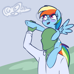 Size: 2000x2000 | Tagged: safe, artist:plaguemare, rainbow dash, oc, oc:anon, human, pegasus, pony, g4, blushing, clothes, cloud, female, happy, high res, male, mare, piggyback ride, shirt, wings