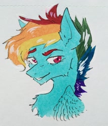 Size: 2322x2713 | Tagged: safe, artist:rover, artist:rrrover, rainbow dash, pegasus, pony, g4, alternate hairstyle, bust, female, high res, portrait, short hair, sketch, smiling, solo, traditional art
