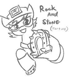 Size: 377x422 | Tagged: safe, artist:jargon scott, oc, oc only, earth pony, pony, deep rock galactic, goggles, grayscale, helmet, horseshoes, implied cbt, miner, mining helmet, monochrome, safety goggles, simple background, smiling, solo, spikes, underhoof, white background