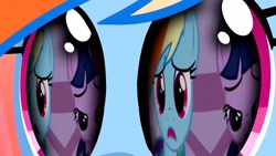 Size: 1920x1080 | Tagged: safe, editor:rarity vrymer collective, screencap, rainbow dash, twilight sparkle, pony, g4, magical mystery cure, suited for success, a true true friend, carousel boutique, eye reflection, female, half-closed eyes, mid-blink screencap, multicolored hair, multicolored mane, reflection, solo