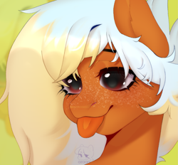 Size: 1737x1611 | Tagged: safe, artist:azaani, oc, oc only, pegasus, pony, bust, female, freckles, mare, portrait, red eyes, simple background, smiling, solo, tongue out