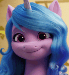 Size: 550x600 | Tagged: safe, screencap, izzy moonbow, sunny starscout, pony, unicorn, g5, my little pony: a new generation, spoiler:my little pony: a new generation, animated, blue mane, cropped, cute, eyebrows, female, gif, horn, izzybetes, looking at you, mare, nodding, offscreen character, open mouth, open smile, reaction image, smiling, solo focus