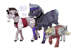 Size: 2000x1302 | Tagged: safe, artist:royvdhel-art, oc, oc only, earth pony, pegasus, pony, unicorn, bowtie, clothes, dialogue, earth pony oc, horn, male, pegasus oc, raised hoof, simple background, stallion, transparent background, unicorn oc, wings