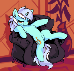 Size: 1560x1500 | Tagged: artist needed, safe, lyra heartstrings, pony, unicorn, g4, couch, featureless crotch, female, lidded eyes, sitting, smug, solo, spread legs, spreading