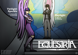 Size: 4461x3154 | Tagged: safe, artist:deroach, twilight sparkle, oc, oc:daylight, human, equestria project humanized, g4, clothes, cutie mark, cutie mark on clothes, duo, humanized, school of friendship, stained glass, stairs, winged humanization, wings