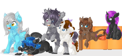 Size: 6905x3174 | Tagged: safe, artist:schokocream, oc, oc only, earth pony, pegasus, pony, unicorn, chest fluff, couch, horn, leonine tail, pegasus oc, rearing, simple background, sitting, tail, unicorn oc, white background