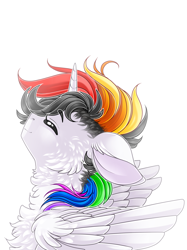 Size: 1482x1984 | Tagged: safe, artist:schokocream, oc, oc only, oc:lightning bliss, alicorn, pony, alicorn oc, bust, chest fluff, eyes closed, female, horn, mare, simple background, smiling, solo, white background, wings