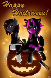 Size: 1597x2424 | Tagged: safe, artist:renatethepony, oc, oc only, pony, unicorn, animal costume, bell, bell collar, cat bell, cat costume, clothes, collar, costume, crossdressing, duo, halloween, holiday, horn, jack-o-lantern, knife, looking at you, maid, male, one eye closed, open mouth, open smile, paw gloves, paw socks, pumpkin, smiling, stallion, unicorn oc, wink, winking at you
