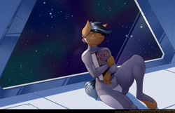 Size: 1280x824 | Tagged: safe, artist:renatethepony, oc, oc only, earth pony, anthro, unguligrade anthro, book, clothes, earth pony oc, eyes closed, indoors, male, sitting, smiling, space