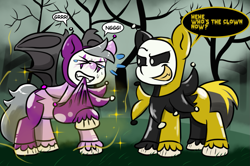 Size: 1157x768 | Tagged: safe, artist:tranzmuteproductions, oc, oc:phoolery, oc:tranzmute, bat pony, pony, bat pony oc, biting, black sclera, clown, clown makeup, cursed, dialogue, duo, evil grin, eyes closed, grin, implied transformation, jester, latex, latex clothes, latex suit, pulling clothes, smiling, speech bubble, sweat, sweatdrops, teary eyes