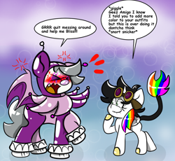 Size: 1024x943 | Tagged: safe, artist:tranzmuteproductions, oc, oc only, oc:lightning bliss, oc:tranzmute, alicorn, bat pony, pony, abstract background, alicorn oc, angry, bat pony oc, bat wings, blushing, clown makeup, cross-popping veins, cursed, dialogue, emanata, eyelashes, eyes closed, female, goggles, horn, jester, latex, latex suit, laughing, lip bite, male, mare, open mouth, snickering, stallion, wings