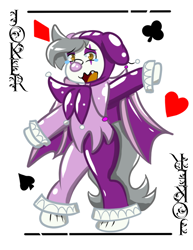 Size: 768x994 | Tagged: safe, artist:tranzmuteproductions, oc, oc only, oc:tranzmute, bat pony, pony, bat pony oc, bat wings, bipedal, card, clown, clown makeup, clown nose, cursed, floppy ears, jester, latex, latex suit, male, open mouth, red nose, stallion, teary eyes, wings
