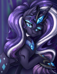 Size: 2550x3300 | Tagged: safe, artist:mychelle, nightmare rarity, pony, unicorn, g4, blue eyes, colored pupils, crown, ear fluff, ethereal mane, eyelashes, fabulous, female, flowing mane, gem, grin, high res, hoof shoes, horn, jewelry, looking down, purple background, purple mane, regalia, signature, simple background, smiling, solo, starry mane, teeth