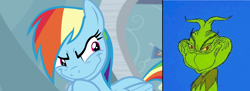 Size: 2944x1072 | Tagged: safe, edit, edited screencap, screencap, rainbow dash, pegasus, pony, g4, tanks for the memories, comparison, dr. seuss, female, folded wings, how the grinch stole christmas, male, mare, slowpoke, the grinch, wings