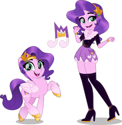 Size: 3911x4000 | Tagged: safe, artist:orin331, pipp petals, human, pegasus, pony, equestria girls, g4, g5, my little pony: a new generation, accessory, belt, boots, bracelet, clothes, cute, cutie mark, duo, equestria girls-ified, eye clipping through hair, feathered fetlocks, female, g5 to equestria girls, g5 to g4, headband, high heel boots, high heels, high res, human ponidox, jacket, jewelry, leather jacket, looking at you, mare, microskirt, miniskirt, movie accurate, open mouth, open smile, raised hoof, self ponidox, shoes, simple background, skirt, smiling, smiling at you, socks, thigh boots, thigh highs, tiptoe, transparent background