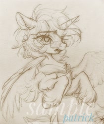 Size: 1723x2048 | Tagged: safe, artist:paipaishuaige, oc, oc only, oc:sealvia, alicorn, pony, chest fluff, glasses, solo, spread wings, traditional art, unshorn fetlocks, wings